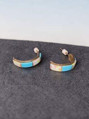Signed Opal And Faux Turquoise Southwest Or Native American Hoop Earrings